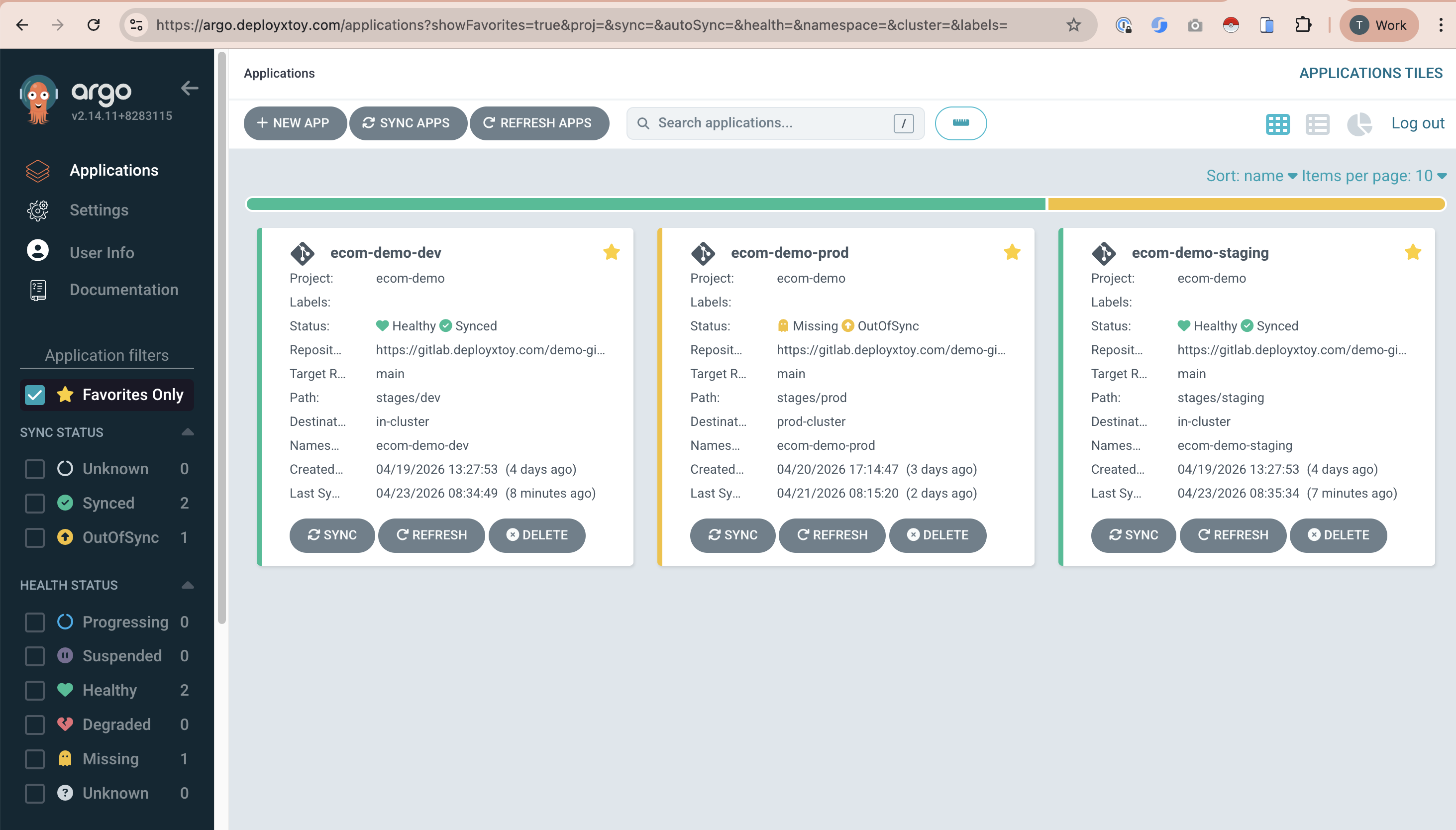 Argo CD Applications view showing the ecom-demo app